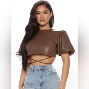 Kirious Brown Faux Leather Backless Puff Sleeve Crop Top Size XL
